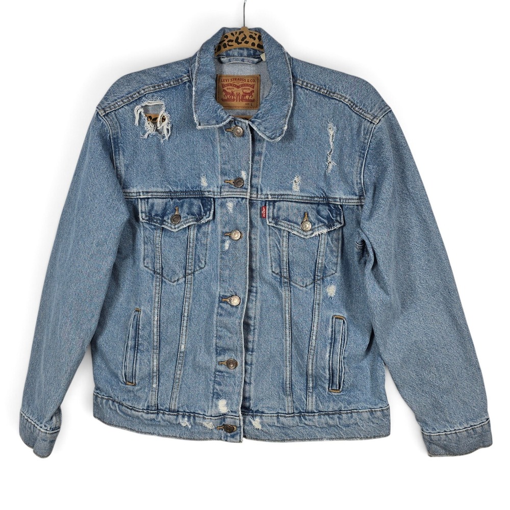 Levis Jacket Womens L Trucker Light Blue Distressed Frayed Cotton EUC Jean Denim